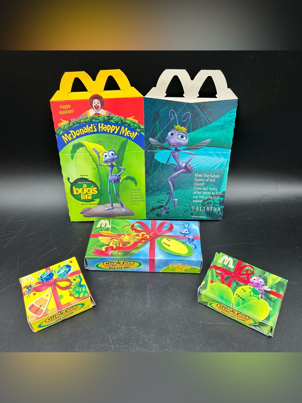 1998 McDonald’s A Bug’s Life Clip-Tock Toys Lot of 3 Plus Happy Meal Box